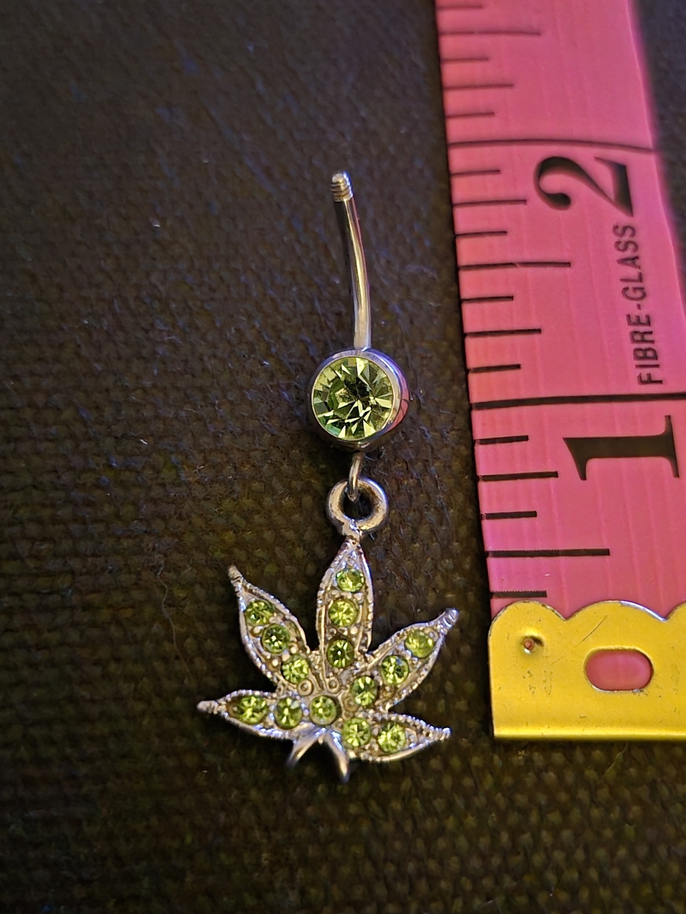 Silver-Tone Green Crystal Leaf Dangle Belly Ring - Unbranded